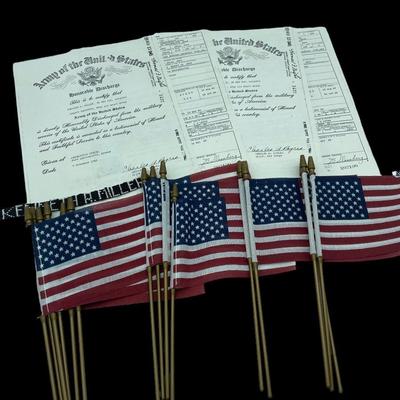 1945 discharge papers and flags