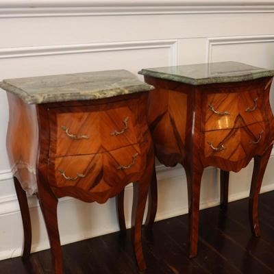 French Louis XV Style Marble Top Nightstands