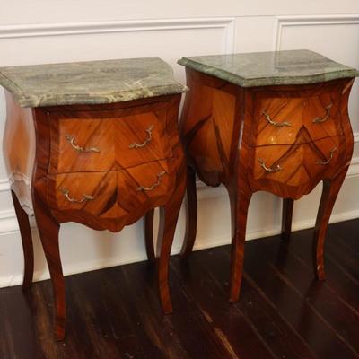 French Louis XV Style Marble Top Nightstands