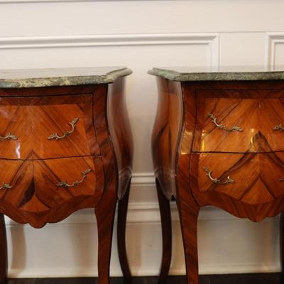 French Louis XV Style Marble Top Nightstands