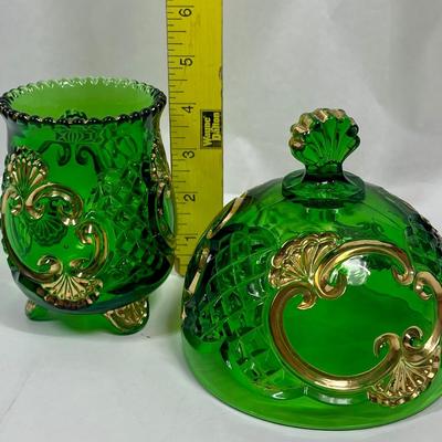 2 pieces of McKee Riverside Glass Croesus Green & Gold butter dish (top only) & Footed Spooner