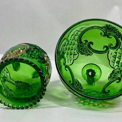 2 pieces of McKee Riverside Glass Croesus Green & Gold butter dish (top only) & Footed Spooner