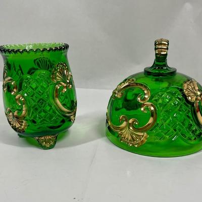 2 pieces of McKee Riverside Glass Croesus Green & Gold butter dish (top only) & Footed Spooner