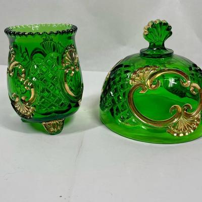 2 pieces of McKee Riverside Glass Croesus Green & Gold butter dish (top only) & Footed Spooner