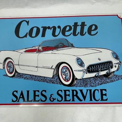 Vintage White Corvette Metal Advertising Sign for Sales & Service