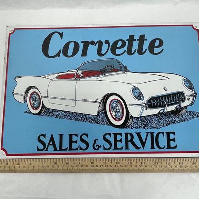 Vintage White Corvette Metal Advertising Sign for Sales & Service