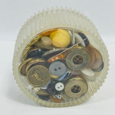 Vintage Helena Rubinstein Clear Round Lidded Lucite Vanity Powder Box with Old Button Collection