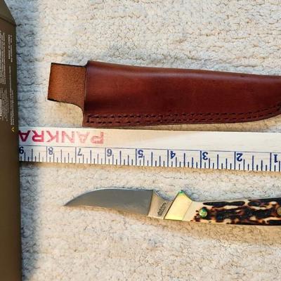 162UH Uncle Henry Fixed Blade Knife 3.4" Trailing Point, Stagalon Handles, Leather Sheath