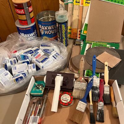 Miscellaneous painting, sanding paper, tin storage