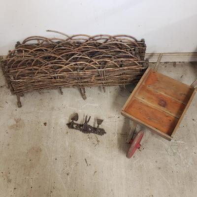 Eight Willow Edging Pieces, Decorative Wheelbarrow & Cast Iron Hook (G-KD)