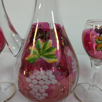 Hand Painted Vintage Wine Decanter & 6 Glasses