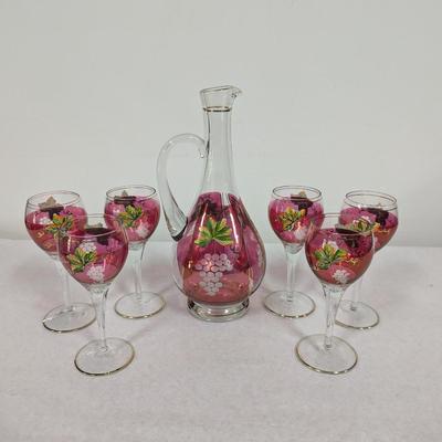 Hand Painted Vintage Wine Decanter & 6 Glasses