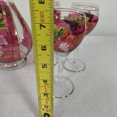 Hand Painted Vintage Wine Decanter & 6 Glasses