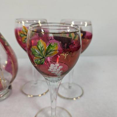 Hand Painted Vintage Wine Decanter & 6 Glasses