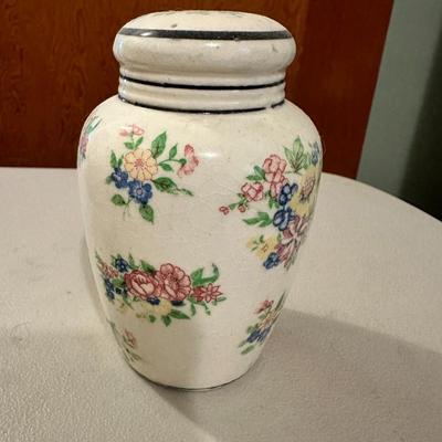 Pair (Set of 2) Vintage Ceramic Sugar Shaker Muffineer, Floral Transferware Flowers, Japan 5”H.