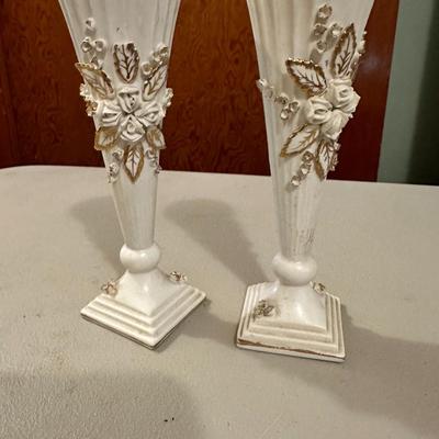 Pair of Norcrest Japan Porcelain Bud Vase White w Gold Trim Raised Floral Ribbed Sides