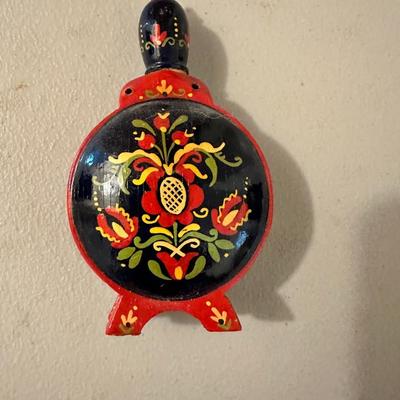 Small hand painted pyrography wooden flask