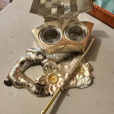 Vintage Chinese Metal Desk Ink Set Decorated with Sword in Original Wooden Box