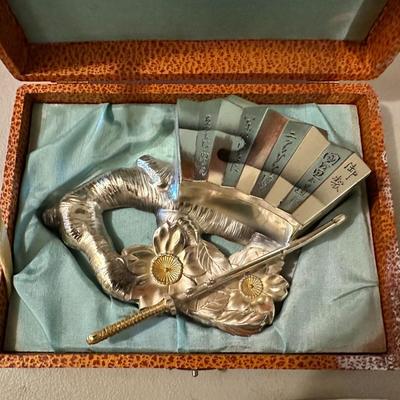 Vintage Chinese Metal Desk Ink Set Decorated with Sword in Original Wooden Box