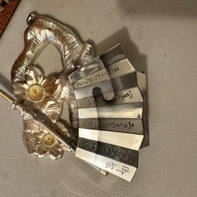 Vintage Chinese Metal Desk Ink Set Decorated with Sword in Original Wooden Box