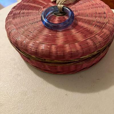 Vintage Hand Woven Asian Wicker Lidded Basket Tassels Coin Stone Ring Shells