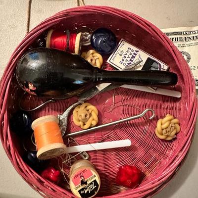 Vintage Hand Woven Asian Wicker Lidded Basket Tassels Coin Stone Ring Shells