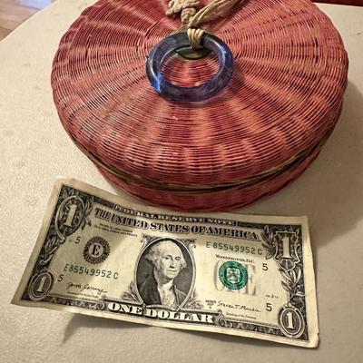 Vintage Hand Woven Asian Wicker Lidded Basket Tassels Coin Stone Ring Shells