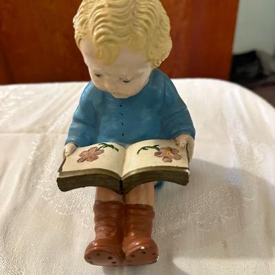 Precious Vintage Figurine Statue Bookend Little Girl Reading a Book Possibly Chalkware 6" Tall