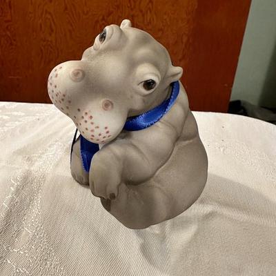 Hippo Hippopotamus Artaffects Figure Figurine Statue with blue Ribbon Ceramic