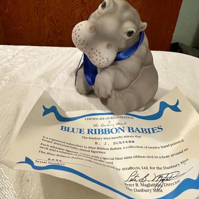 Hippo Hippopotamus Artaffects Figure Figurine Statue with blue Ribbon Ceramic