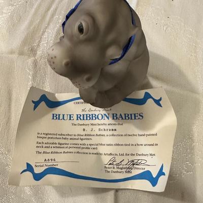 Hippo Hippopotamus Artaffects Figure Figurine Statue with blue Ribbon Ceramic