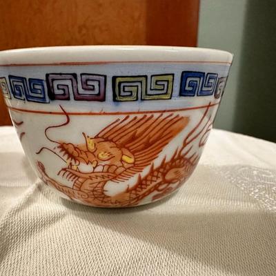 ANTIQUE CHINESE TEA CUPS DRAGON ROOSTER DESIGN