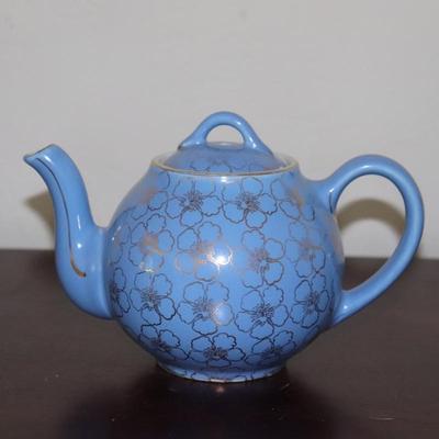 HALL China FRENCH Teapot Blue with Gold Floral Decoration 6 Cup 049 Vintage