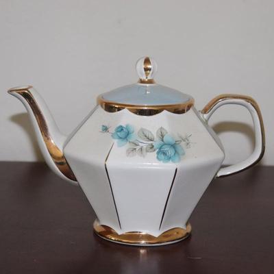 Vtg. Gibsons Staffordshire England Teapot Cream, & Blue Flora Design Gold Trim