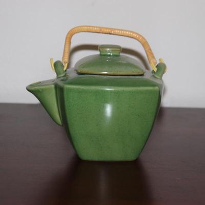 Vintage Japanese Ceramic Tea Pot Bamboo Handle Green Black Speckled