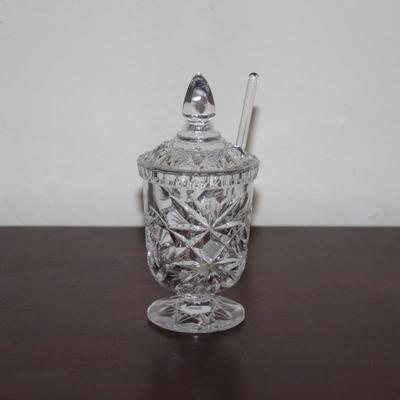 Vintage Anchor Hocking Clear Cut Glass Sugar Bowl Dish w/ Spoon
