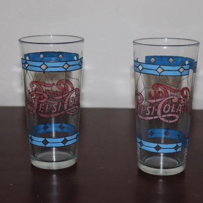 Pair of Vintage pepsi-cola drinking glass stained glass pattern