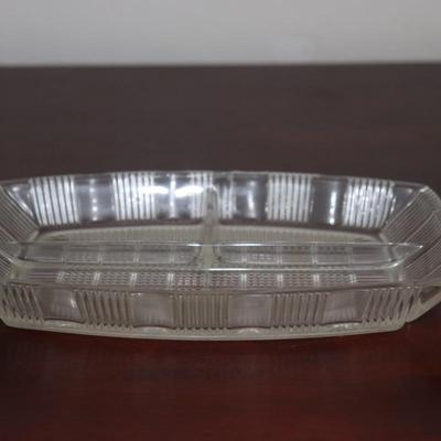 Vintage Art Deco Clear Glass 3 Divided Section Relish Tray with Checkered Waffle Pattern - Oval Rectangle