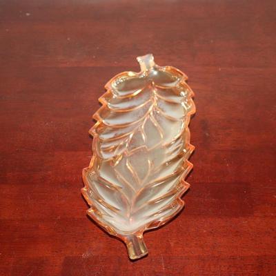 Carnival Glass Leaf Shaped Candy Nut Dish Orange Luster