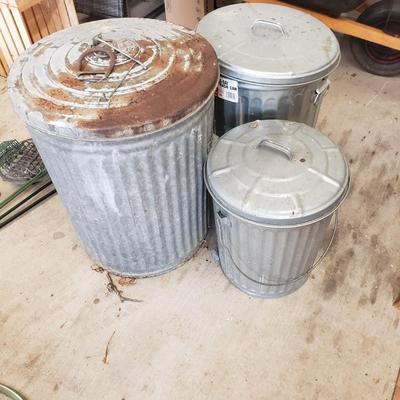 Three Galvanized Steel Trash Cans (G-KD)