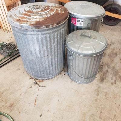 Three Galvanized Steel Trash Cans (G-KD)