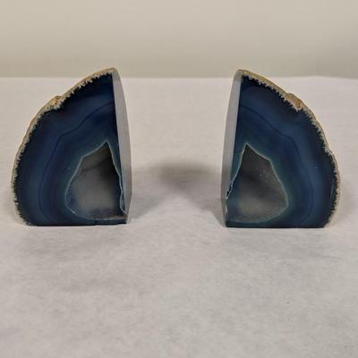 Pair Of Natural Stone Blue Agate Geode Bookends