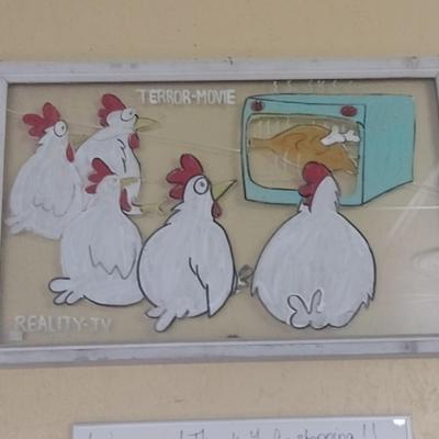 Whimsically Painted Vintage Wood Framed Window Chicken Terror-Movie