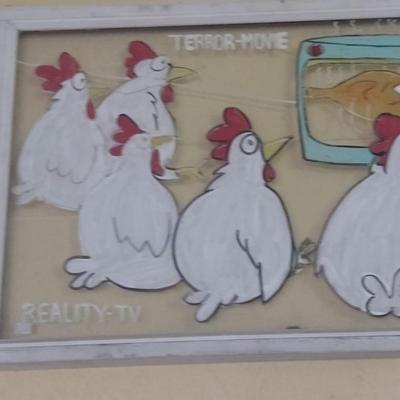 Whimsically Painted Vintage Wood Framed Window Chicken Terror-Movie