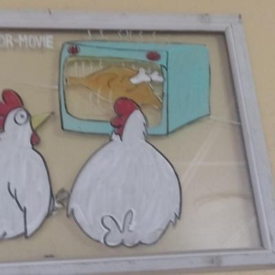 Whimsically Painted Vintage Wood Framed Window Chicken Terror-Movie