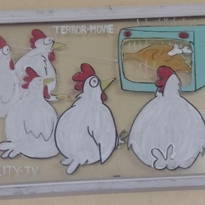 Whimsically Painted Vintage Wood Framed Window Chicken Terror-Movie