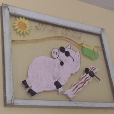 Whimsically Painted Vintage Wood Framed Window Pig Too Much Sun