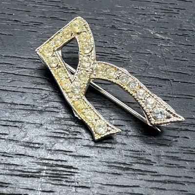 Carolee Silver Tone Clear Rhinestone Monogram Style 'Letter R' Brooch