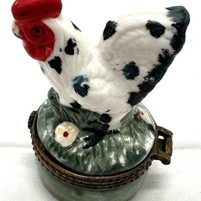 Porcelain Rooster Trinket Box with Bronze Hinged Lid Vintage