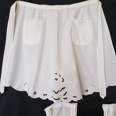 Four White Aprons and Two Handmade Brooms (D-KD)